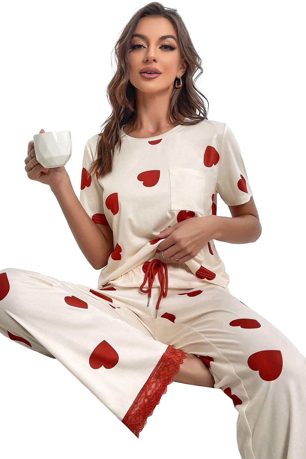 Weiße Valentines Herzdruck Spitze Saum Tee Hosen Pyjama Set