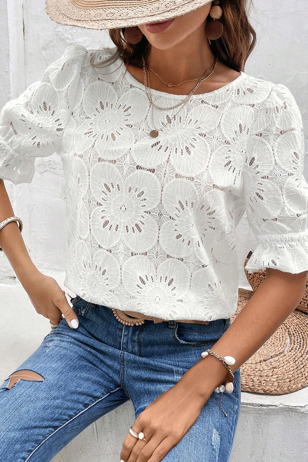 White with ruffle sleeves and jacquard lock hole with eyelets and flowers