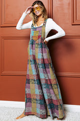 Multi-colored brushed plaid wide-leg overalls