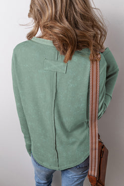 Smoke Green Acid Wash Waffle Knit Long Sleeve Top