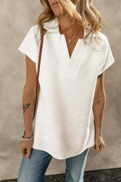 White textured high with short sleeves and V -neck