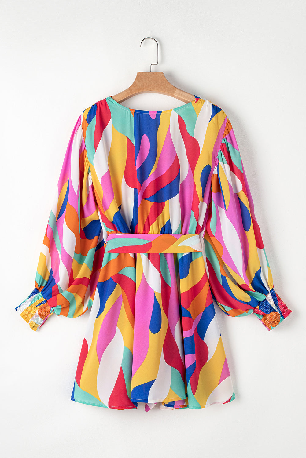 Mini-robe multicolore à manches bouffantes et ceinture imprimée abstraite