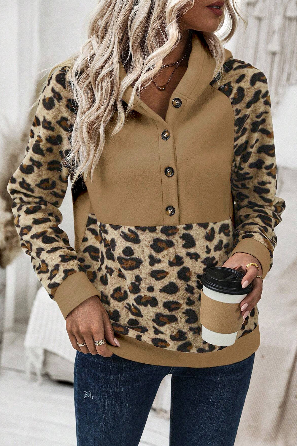 Light Beige Leopard Print Patchwork Half Button Raglan Sleeve Hoodie