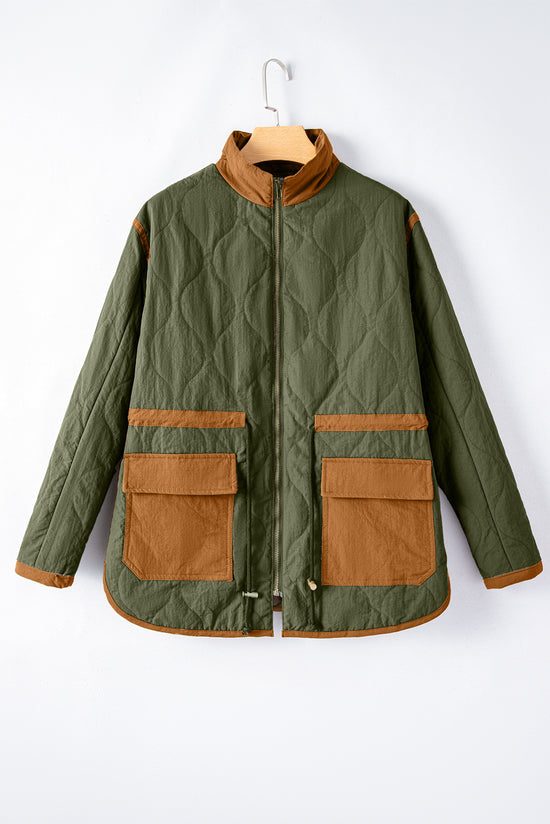 Quilted jacket with drawstring and green stitching