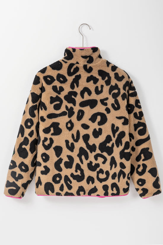 Leopard Color Block Zip-Up Pocket Plush Fleece Jacket