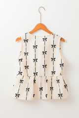 White ruffle vest and closing to be tied printed with knot