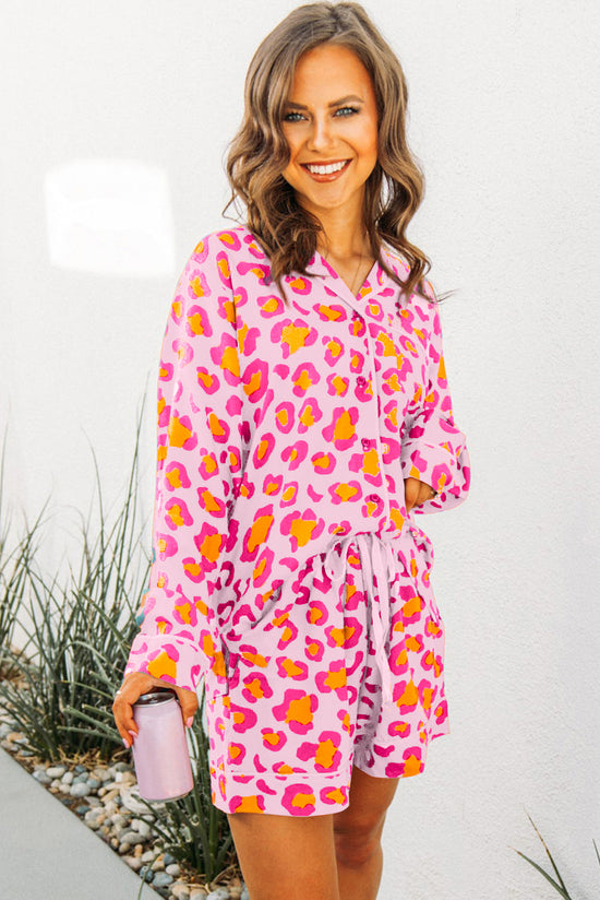 Pink pajama set with long sleeve shirt and leopard print shorts