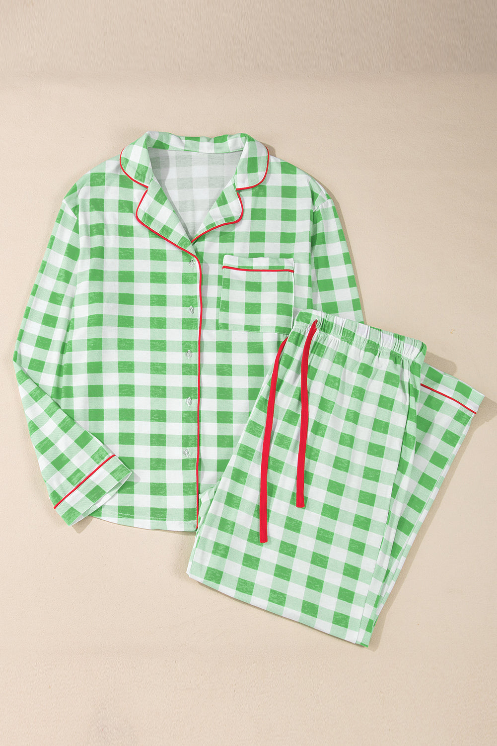 Plus Size Green Long Sleeve Plaid Print Contrast Trim Pajama Set