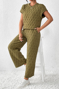 Ensemble pantalon large matelassé vert sauge à manches courtes