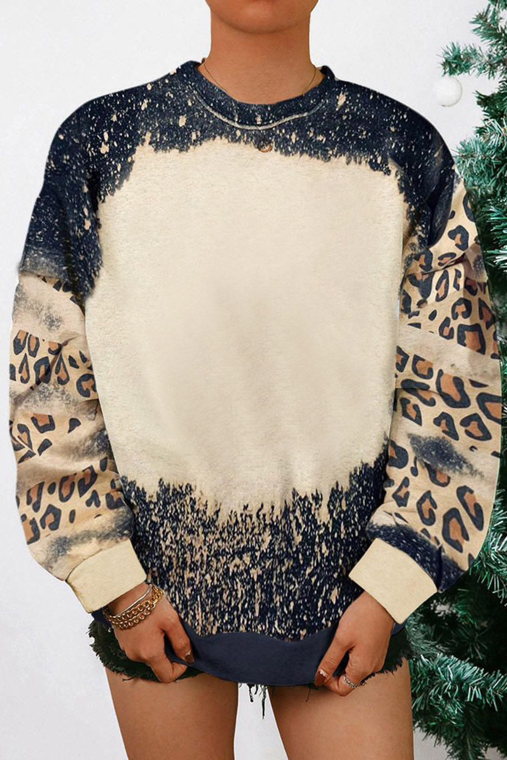 Sweat-shirt noir à épaules tombantes et imprimé léopard tie-dye