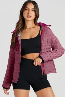 Burgundy solid color quilted zipped down jacket