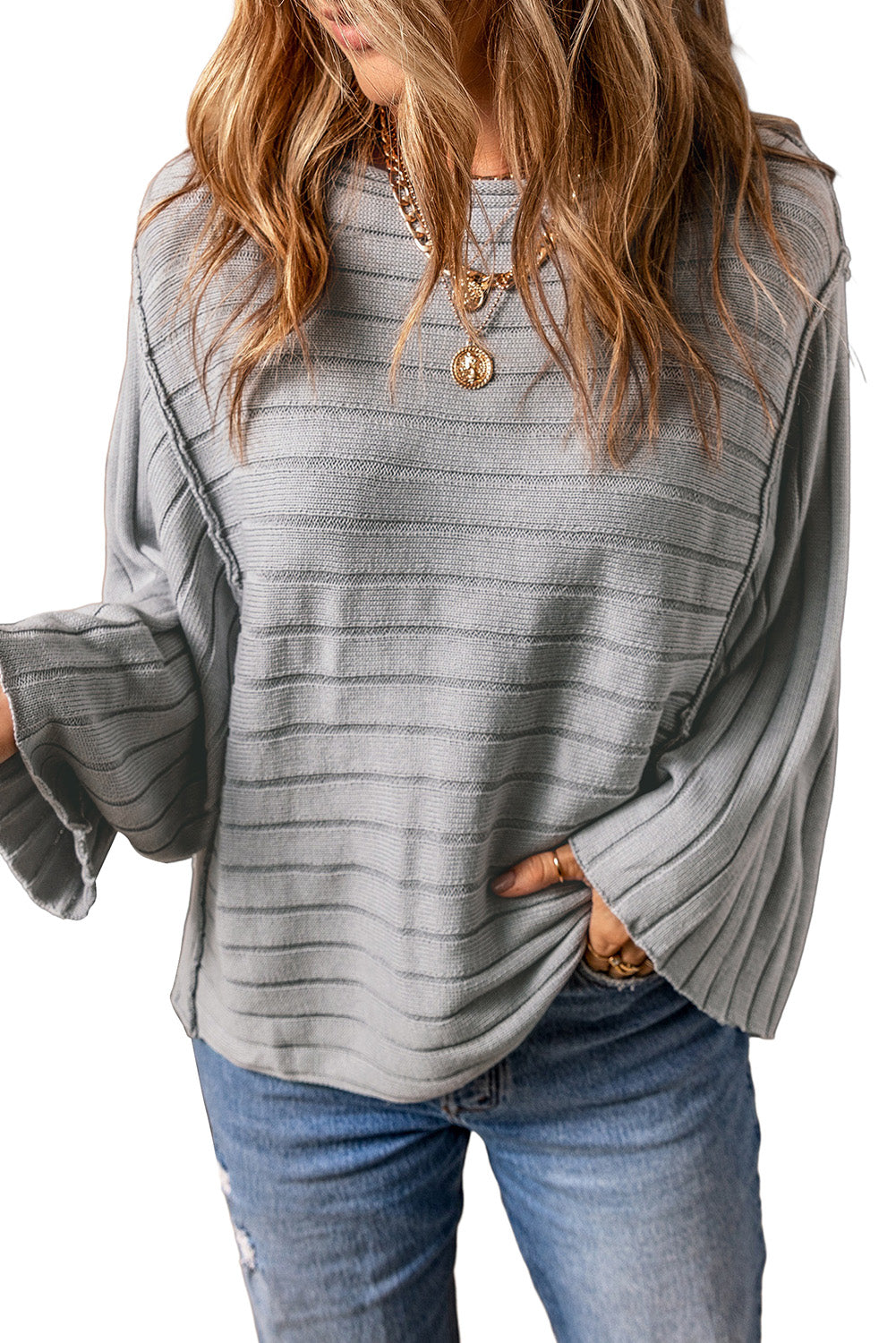 Top Dolman de punto de costura de costura expuesta gris