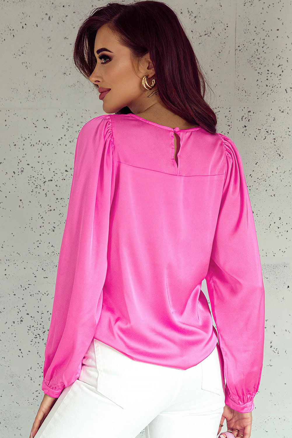 Pink Satin Puff Langarm Crewneck Bluse