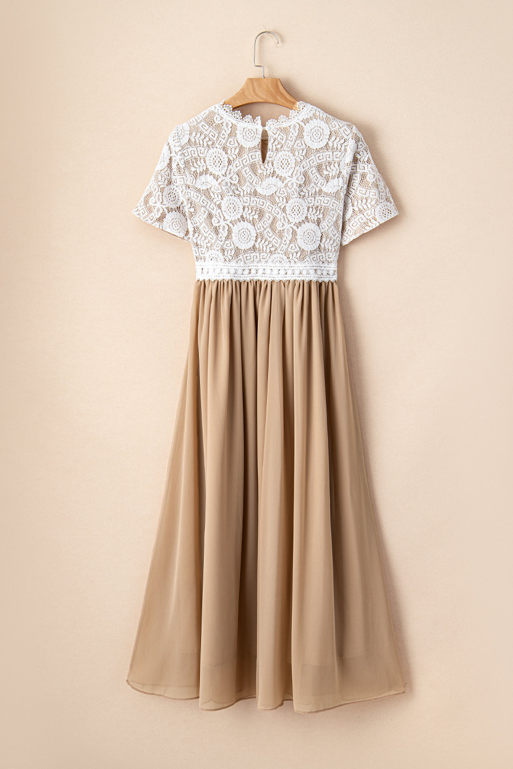 Clay Lace Short Sleeve Bodice Flowy Chiffon Long Dress