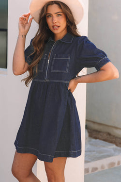 Dirty blue denim dress, zipped bodice *