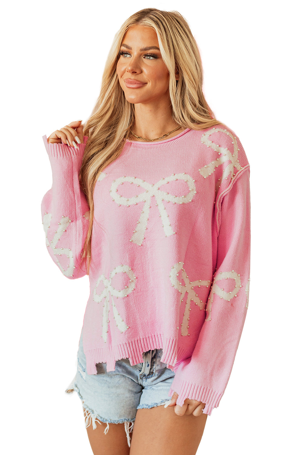 Pull à ourlet fendu en détresse à motif de nœud perlé rose