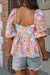 Pink babydoll blouse with puffy flowers and sleeves, square collar