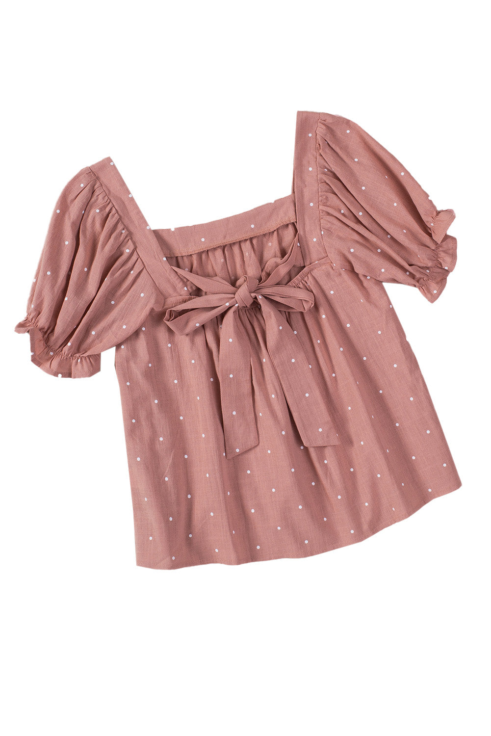 Pink Square Neck gepunktete Druckpuffhülle Bluse mit Krawattenrücken