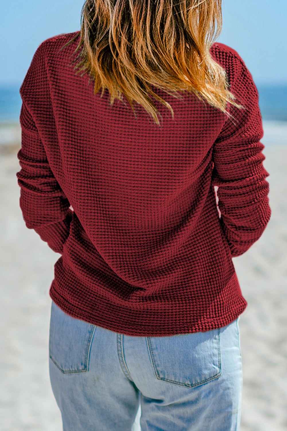 Fiery Red Waffle Knit Drop Show Sleeve Long Top