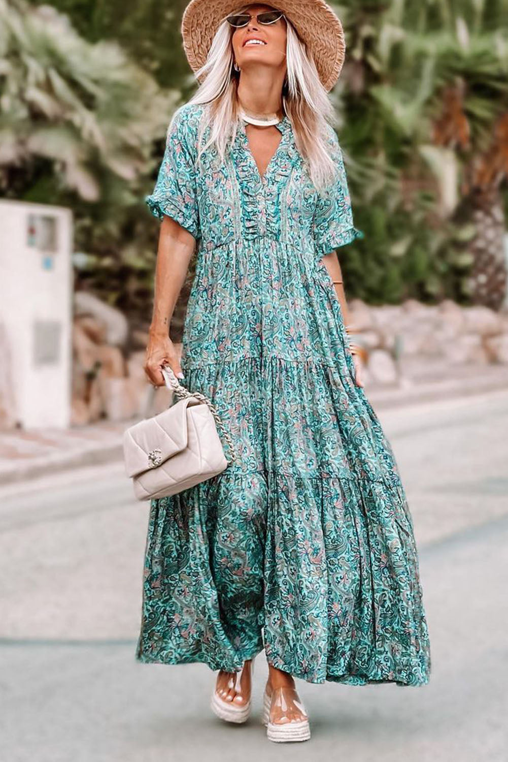 Sky Blue Paisley Print Boho Holiday Ruffle MAXI Robe