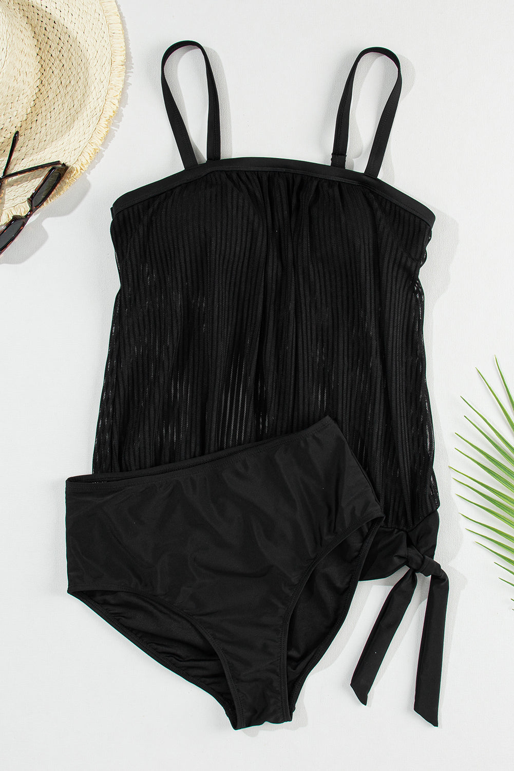 Maillot de bain tankini noir en maille rayée à ourlet noué