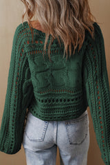 Pull court en tricot torsadé ajouré vert noirâtre