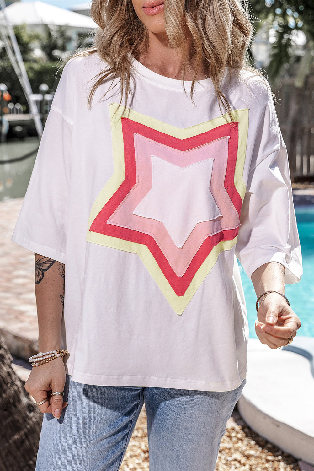 T-shirt oversize blanc à manches mi-longues *