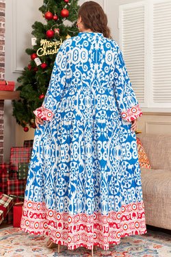 Robe de grande taille bleu ciel à col cranté et blocs de couleurs vintage à fleurs