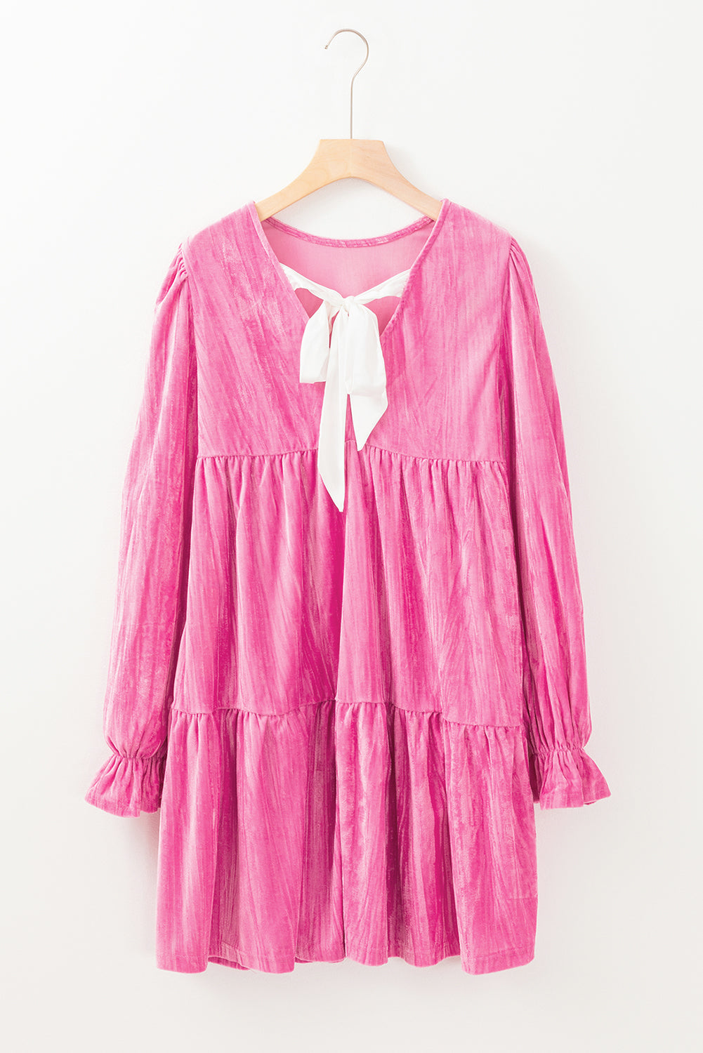 Mini-robe en velours à volants et manches volantées rose fraise