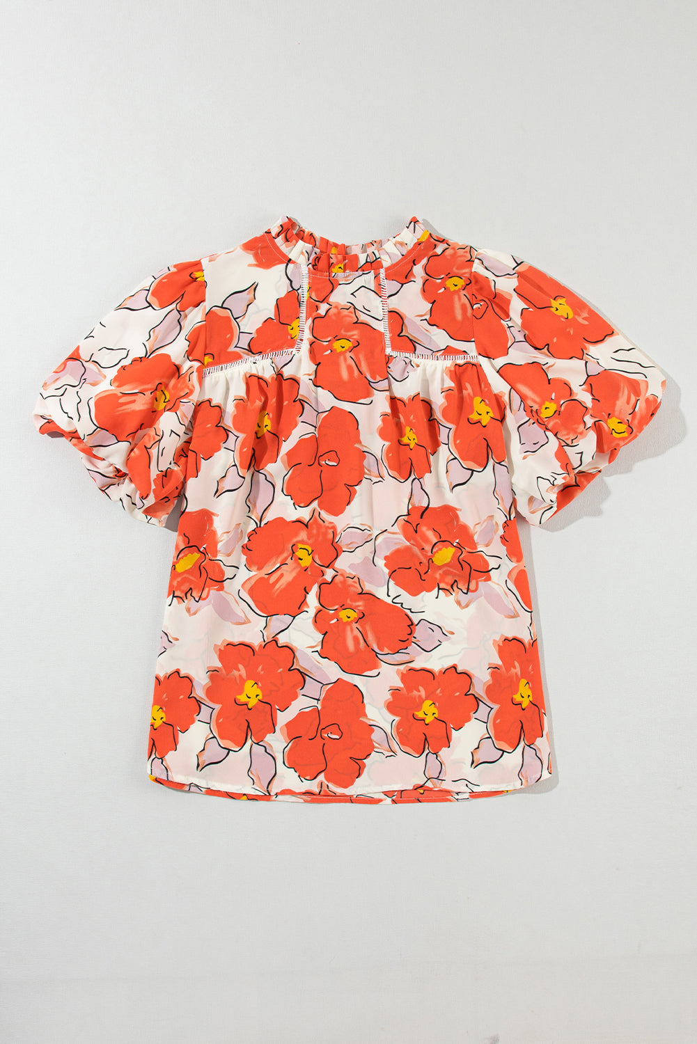 Naranja de la manga de la manga de la manga de burbujas floral blusa suelta