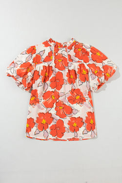 Orange loose sleeve blouse and flying collar and floral pattern