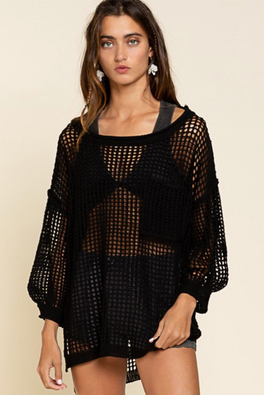 Black Fishnet Hollow-out Long Sleeve Beach Cover up