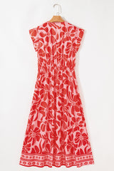 Robe longue rouge style bohème à fleurs, manches courtes