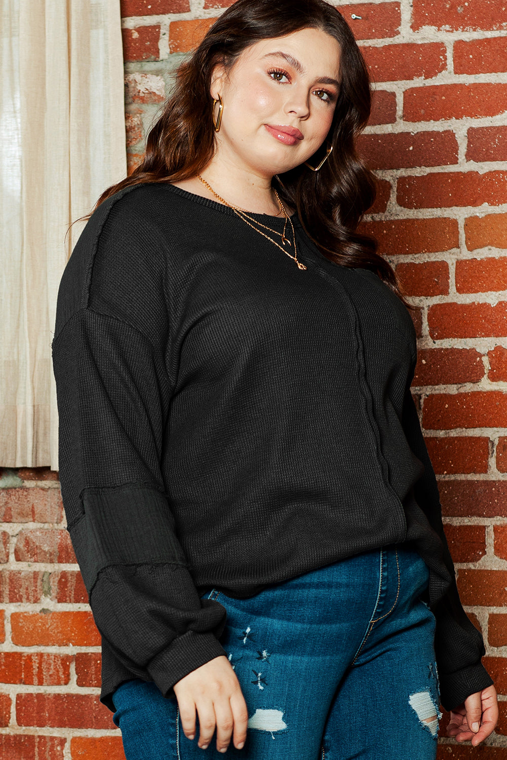 Plus Size Black Crinkled Patchwork Top with Exposed Seams