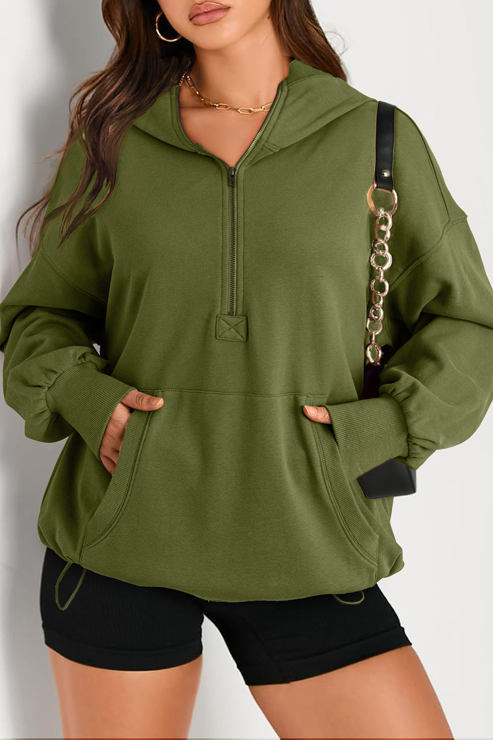 Moss Green Solid Känguroo Tasche Halbzahn -Reißverschluss übergroßer Hoodie