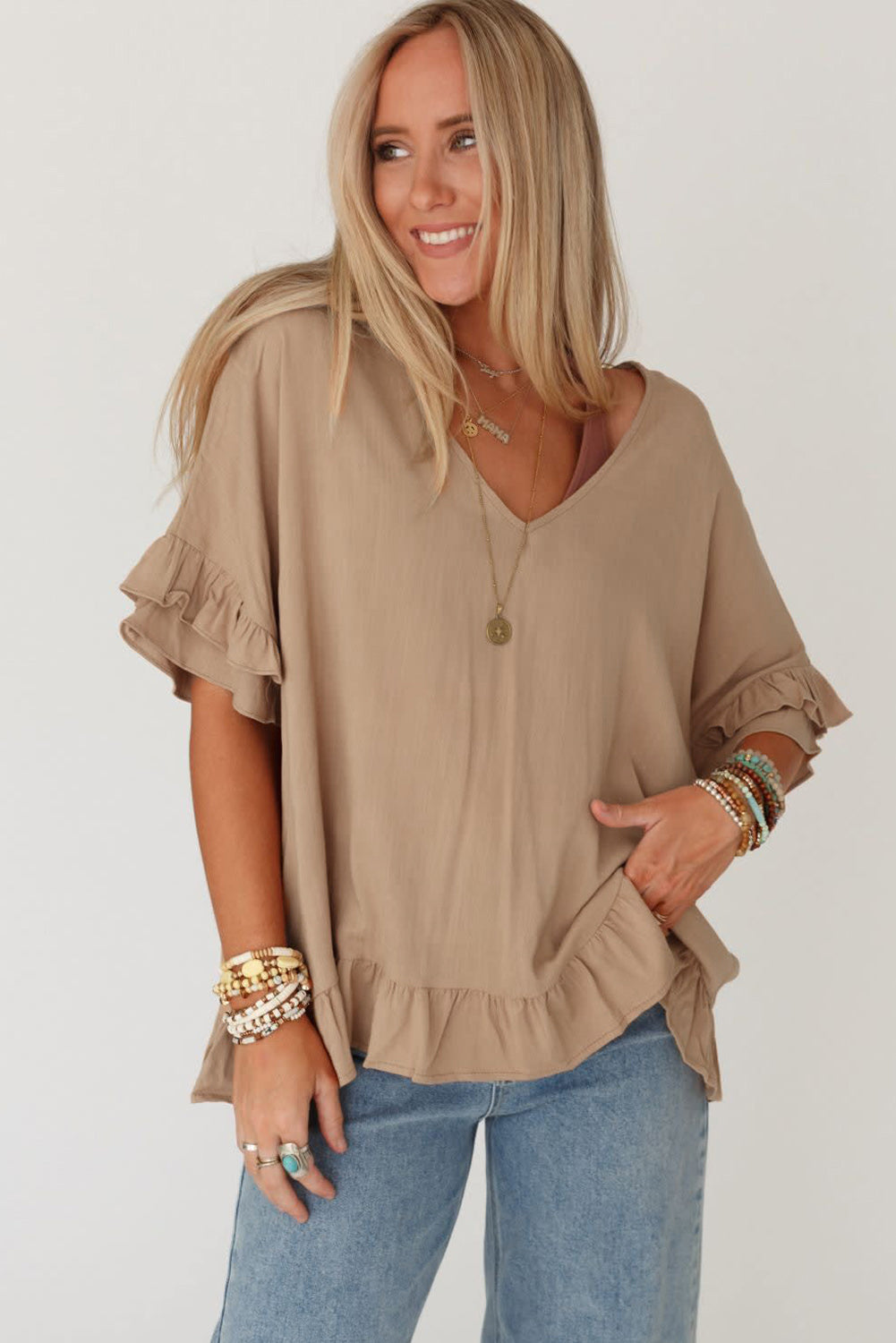 Blouse ample à col en V à volants beige français clair