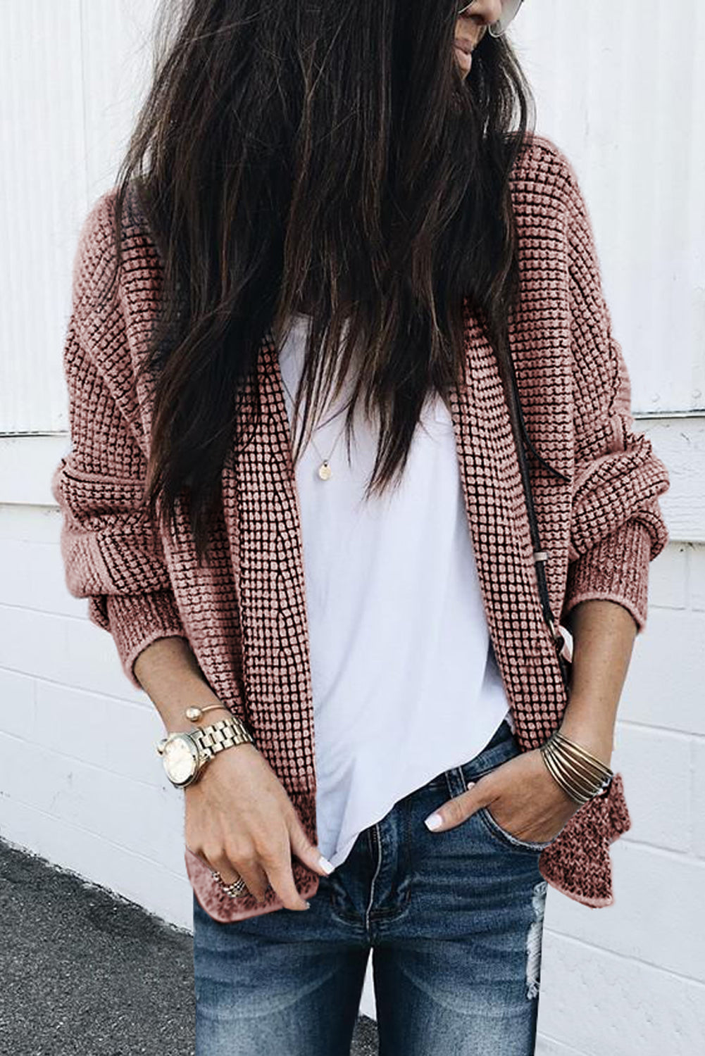 Open front cardigan with contrasting plaid and peach blossom trim