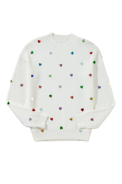 Beige Sequin Heart Waffle Knit Crew Neck Sweater