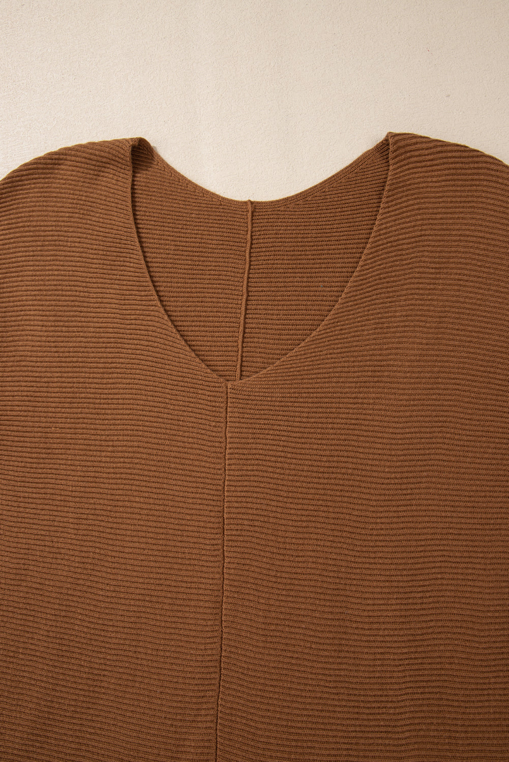 Camel Ribbed Knit Loose Sweater with Dropped Sleeves and V-Neck