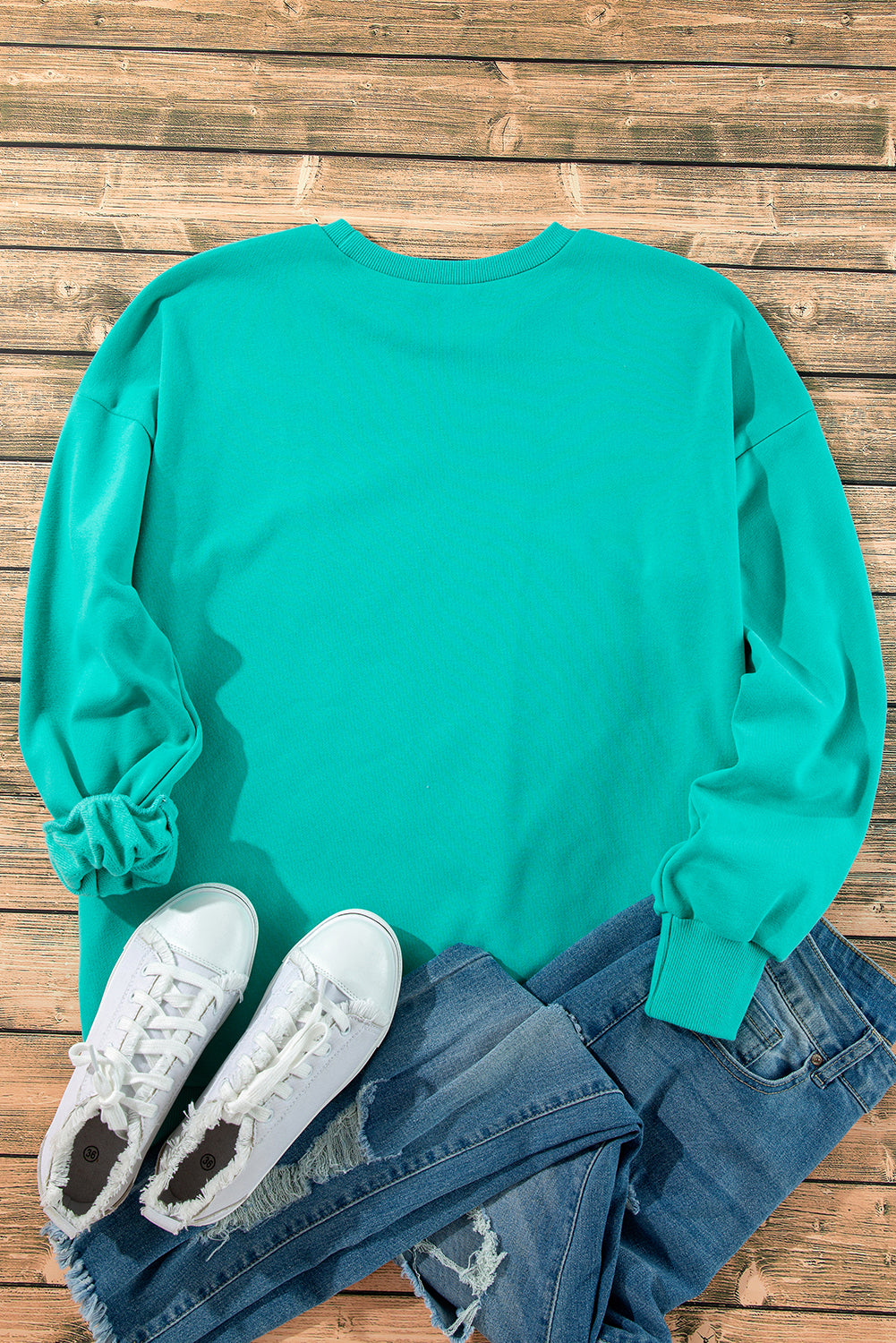 High-low drop-shoulder sweatshirt with solid fleece lining in sea green