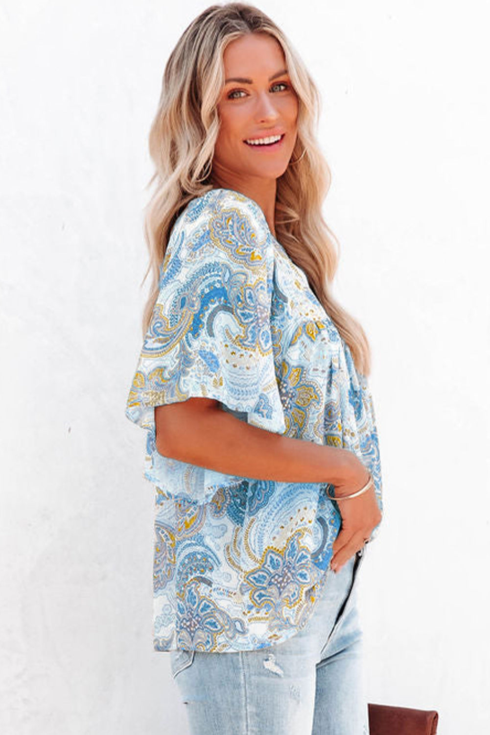 Sky Blue Paisley drucken breite Ärmel lose Bluse