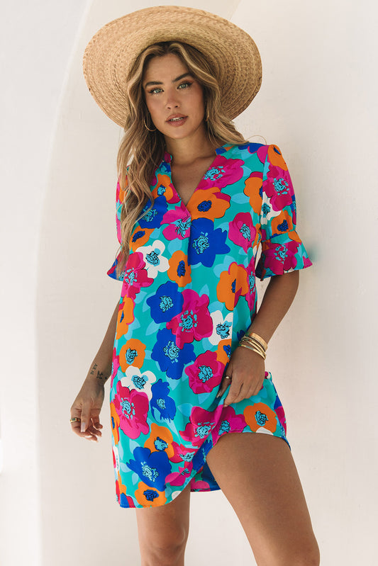 Multicolor Split V Collar Ruffle Ship Floral Shift Robe