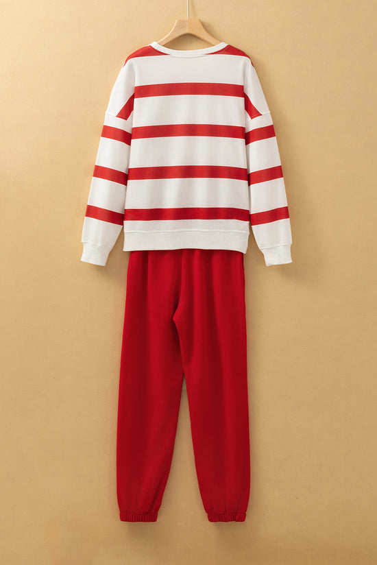 Red Striped Drop Shoulder Sweater and Jogger Pants Set