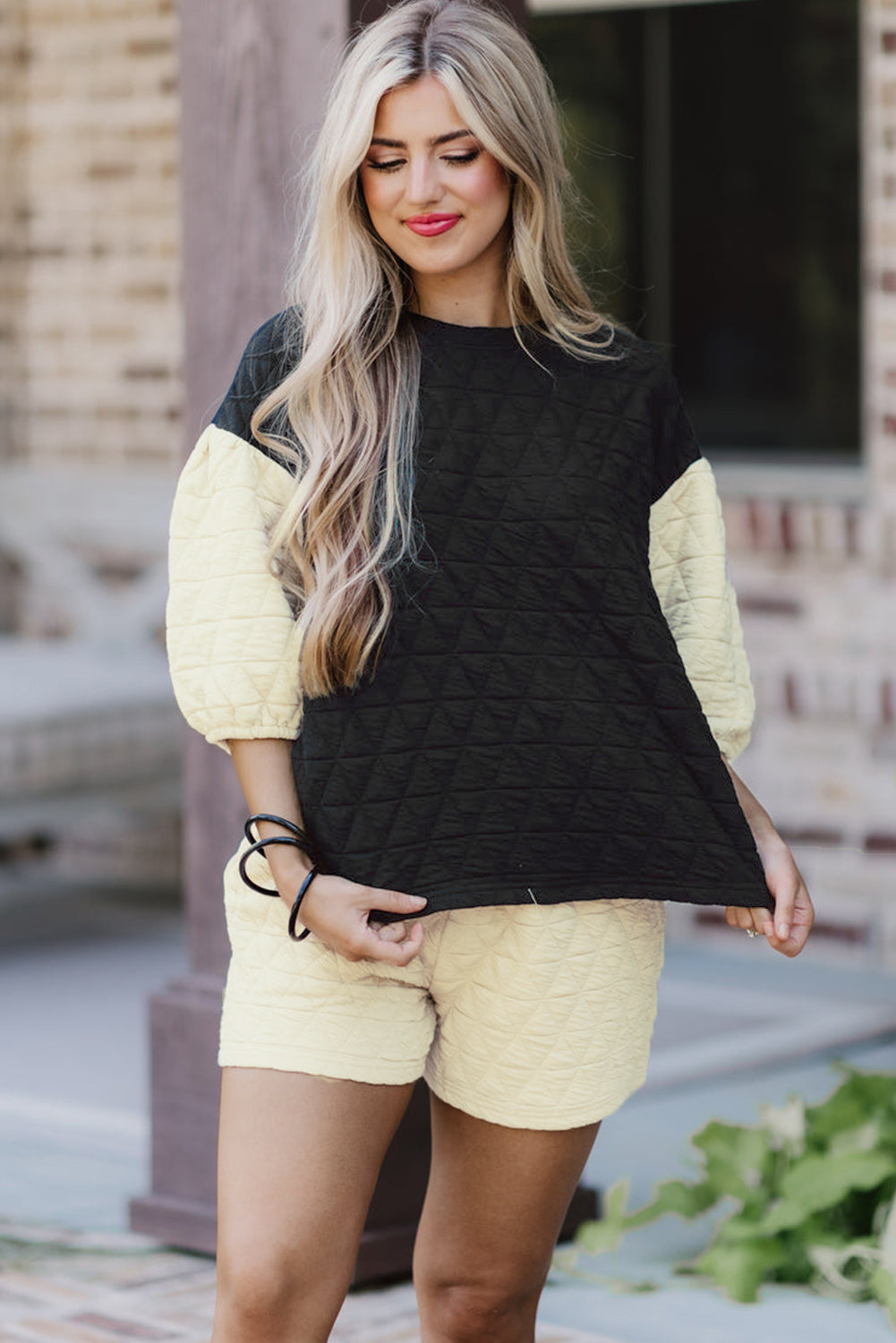 Black Color Block 3/4 Sleeve Quilted Top and Shorts Set