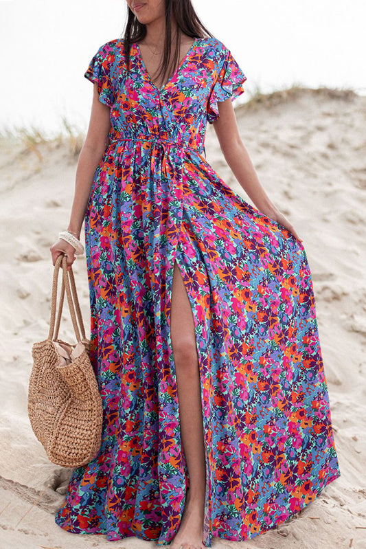 Blue Floral Print V Neck Wrap Split Maxi Robe