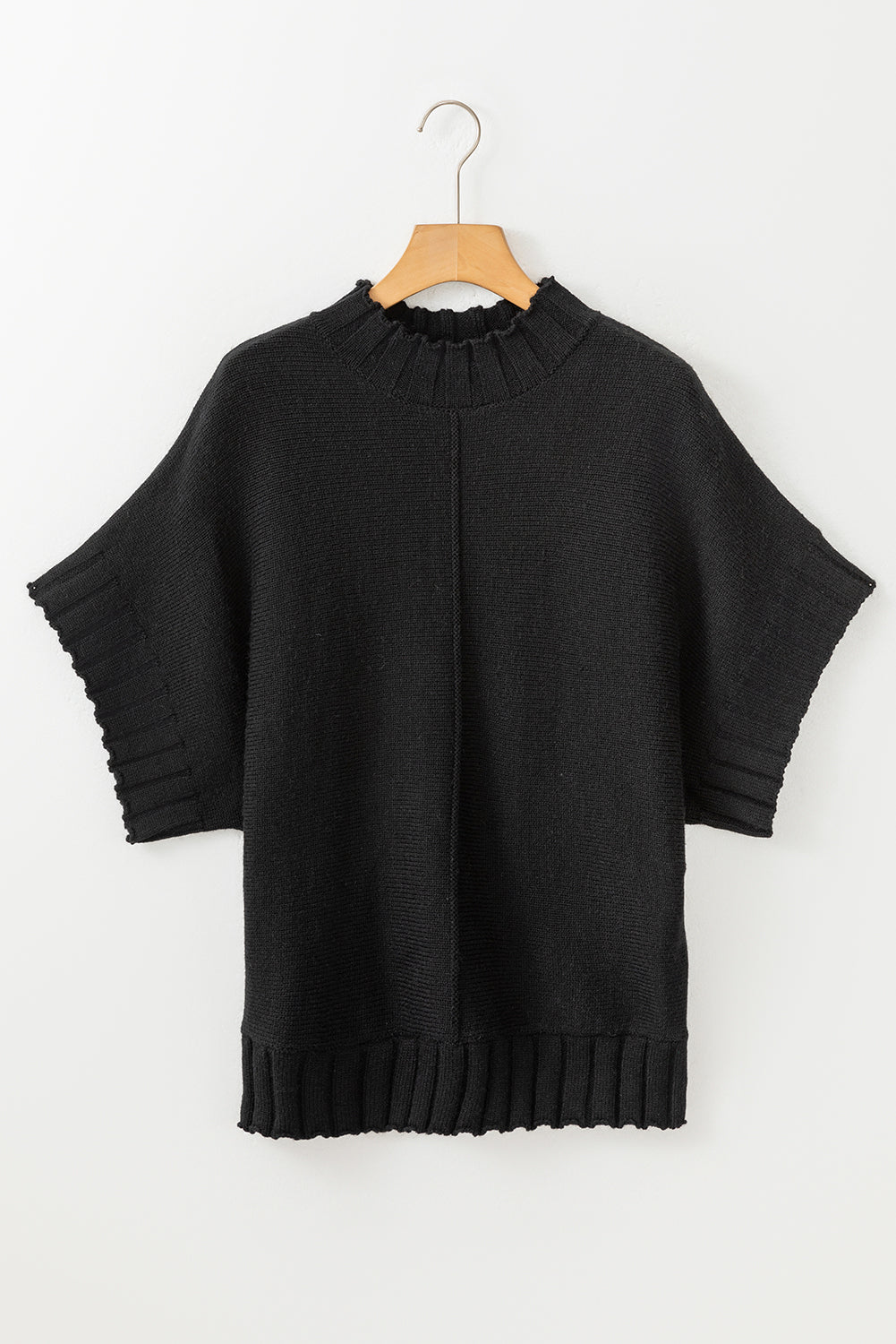 Black Mock Neck Batwing Pull en tricot à manches courtes