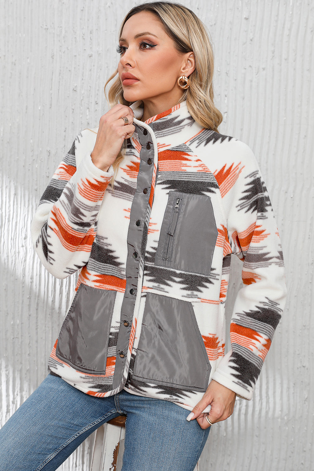 Multicolour Aztec Fleece Fleece Patch Botton Giacca