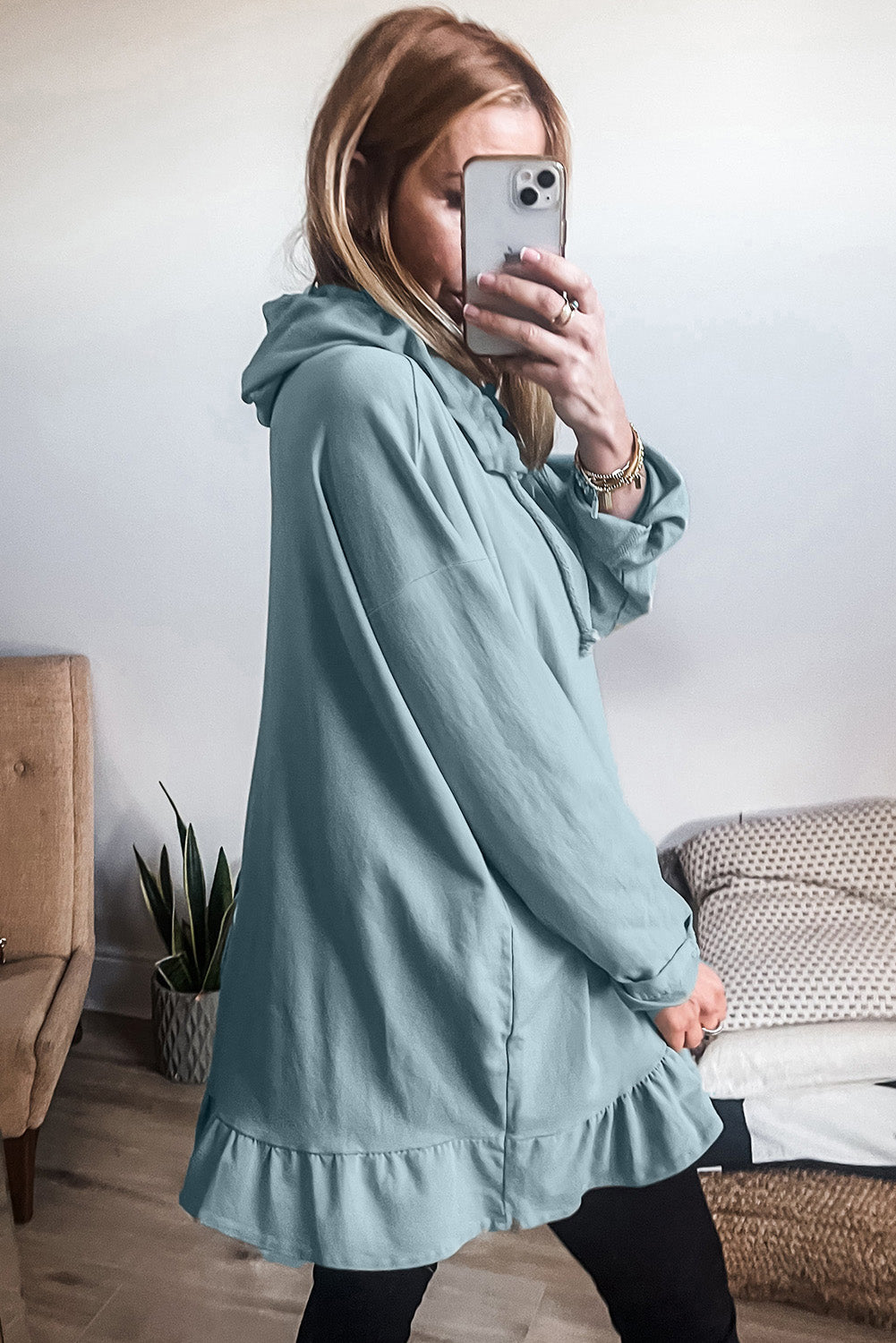 Icelandic Blue Loose Fit Tunic Hoodie with Solid Ruffle Hem