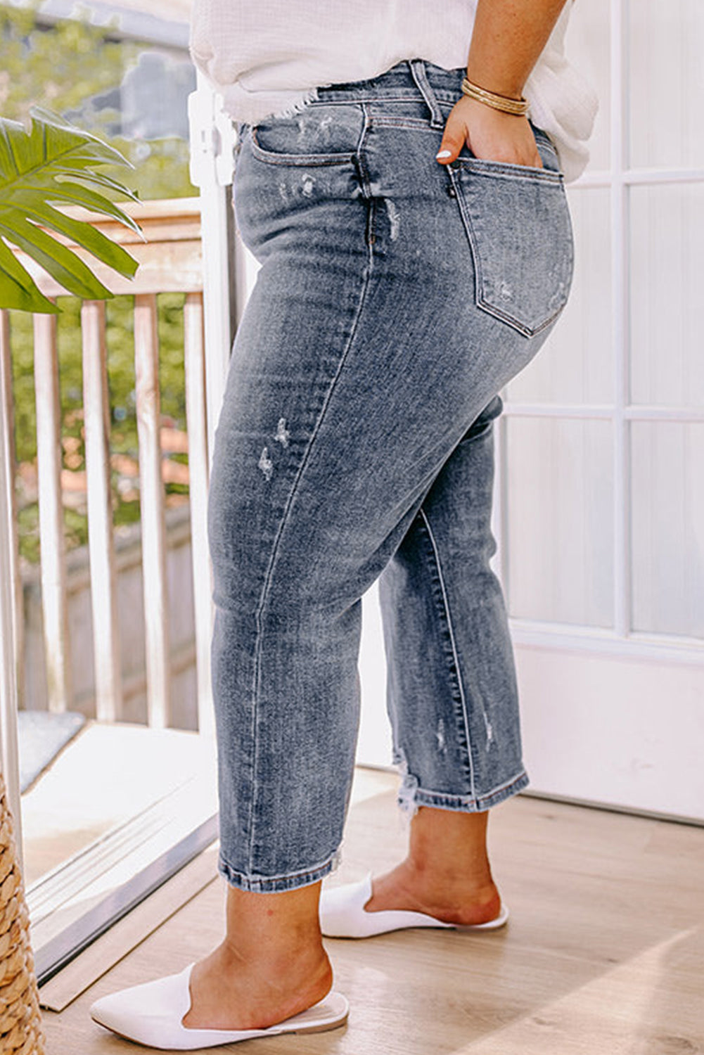 Plus Size Mid Grey Straight Leg Ripped High Waisted Jeans with Button Fly