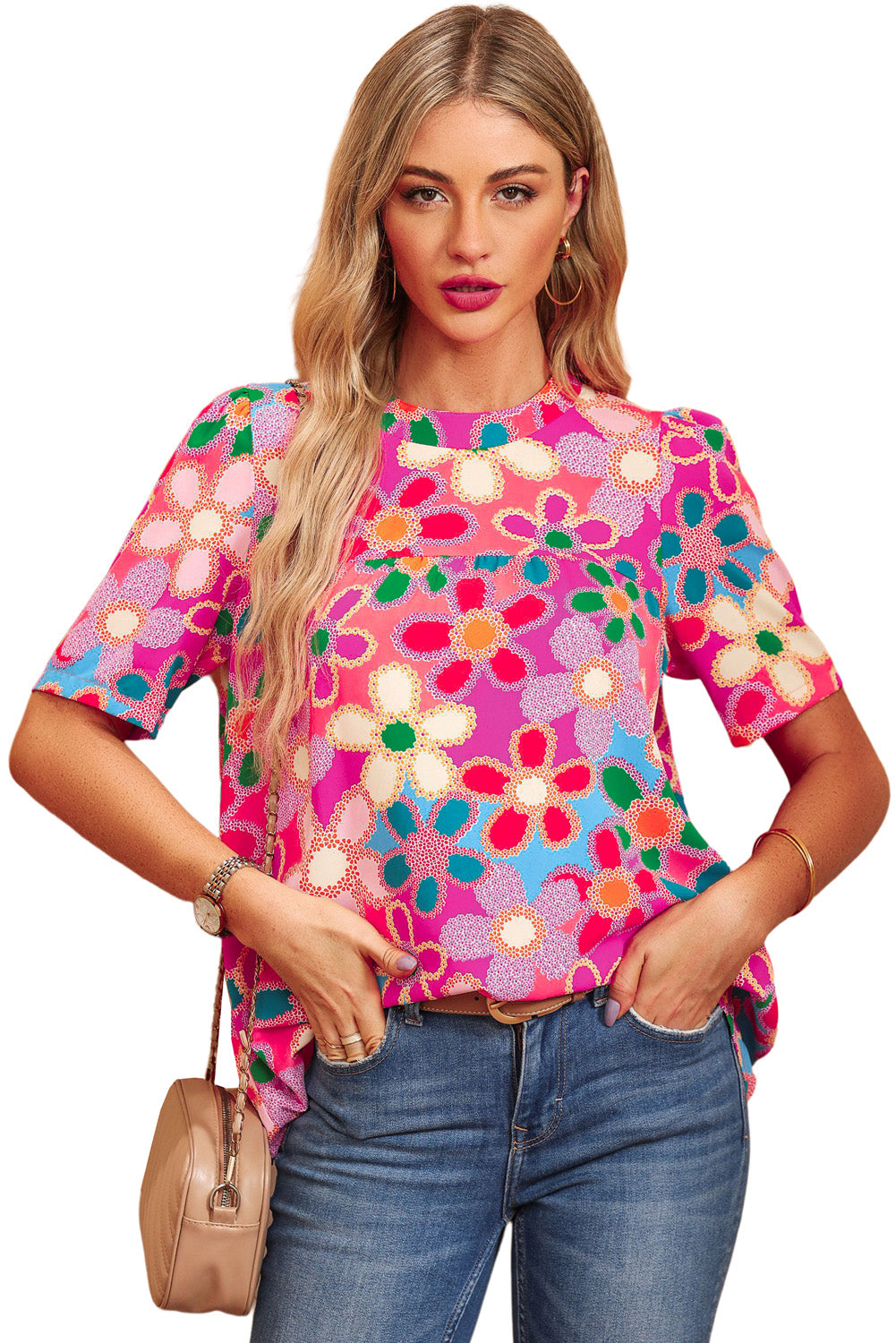 Purple Boho Flower Imprimer Puff Short Sleeve Top